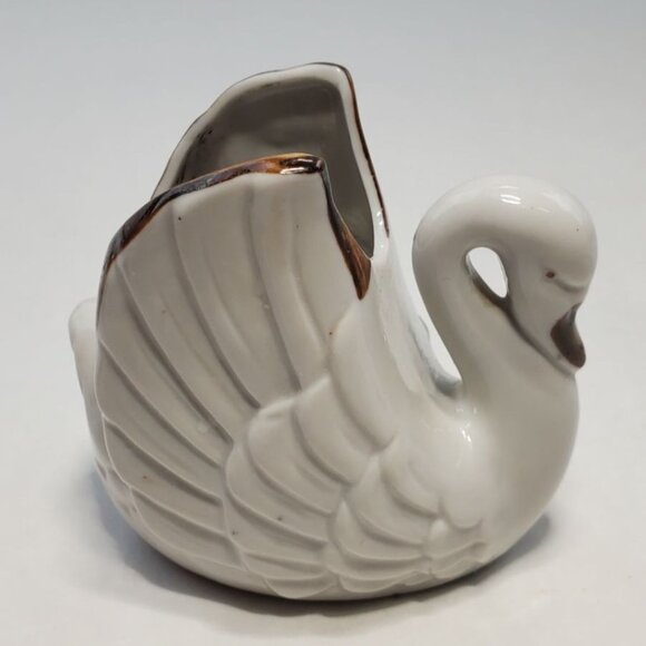 Vintage Small Swan Figurine Planter White Porcelain Hand Painted Floral Design - Picture 3 of 7